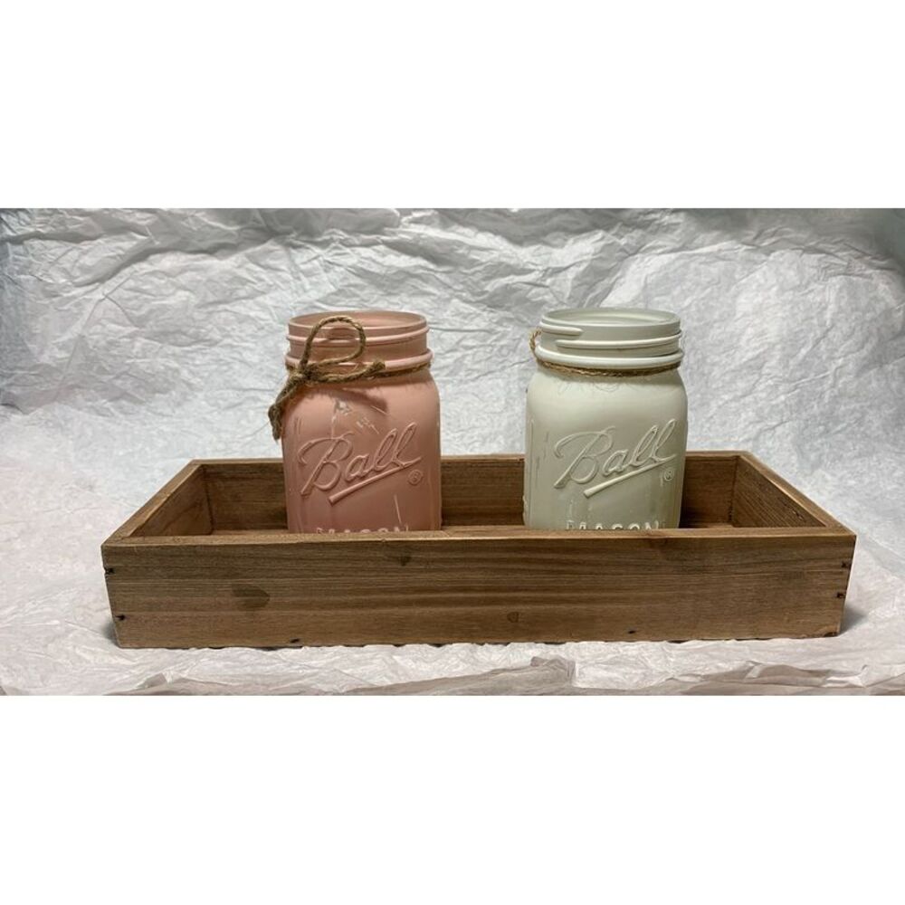 Pink and White Painted Glass Mason Jar Planters in Wood Tray